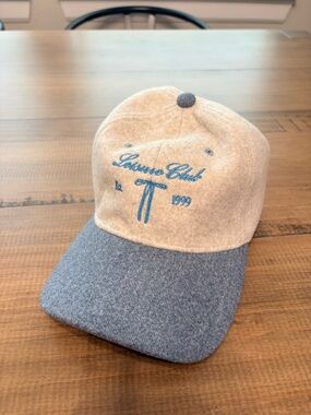 Leisure Club Embroidered Wool Baseball Cap in Beige & Blue